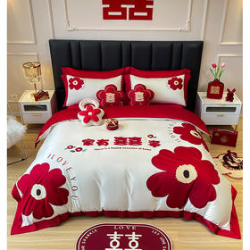 自然醒婚庆系列 100支全棉色织婚庆四件套六件套龙凤至美百年琴瑟床上用品套件KY