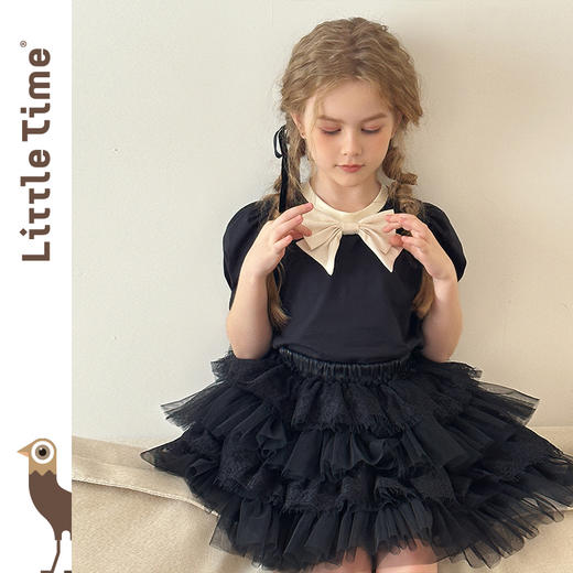 Littletime女童短袖T恤夏装2025新款儿童洋气时髦蝴蝶结飞袖上衣 商品图0