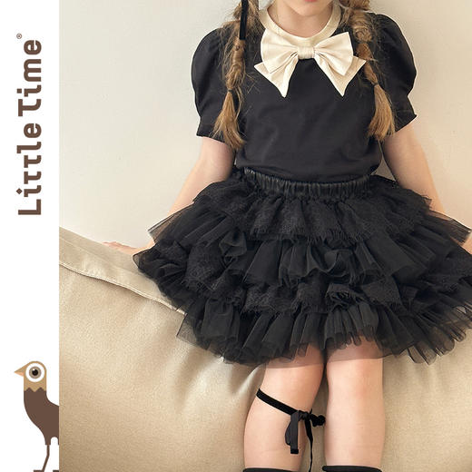 Littletime女童短袖T恤夏装2025新款儿童洋气时髦蝴蝶结飞袖上衣 商品图2