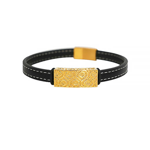 【现货】  足金999 5D工艺 宽面铜钱纹手链男女同款配黑色皮绳【金重约2.67g】  【一物一广州省检标签】 商品图3