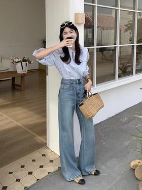 爆款女神裤～【春上新】8007筒喇裤宽松下摆鱼尾裤拖地牛仔裤-喜出