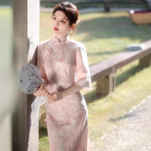 鎏金银珠缎倒大袖粉色文艺淑旗袍SJT768 商品图2