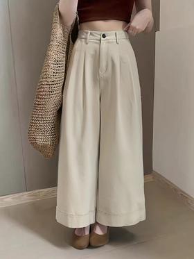 【春上新】5078米色宽边慵懒风宽松大裤腿阔腿裤-喜出