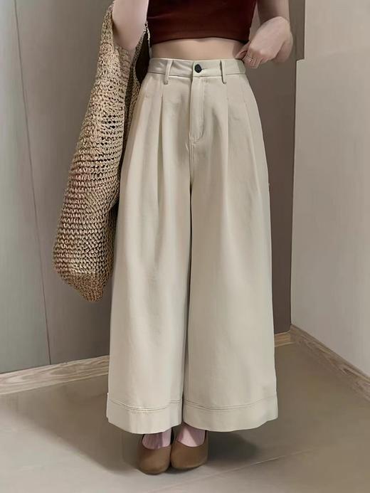 【春上新】5078米色宽边慵懒风宽松大裤腿阔腿裤-喜出 商品图0