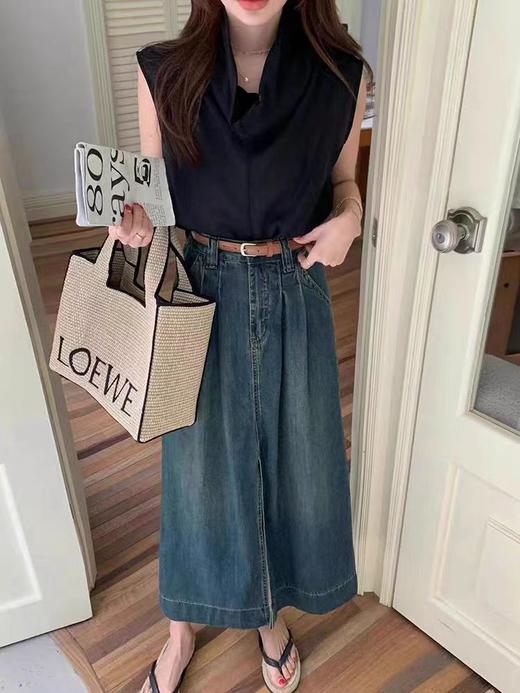 4.2特 爆款特卖～531褶皱设计高腰前开叉牛仔裙女中长裙半身裙-喜出 商品图5