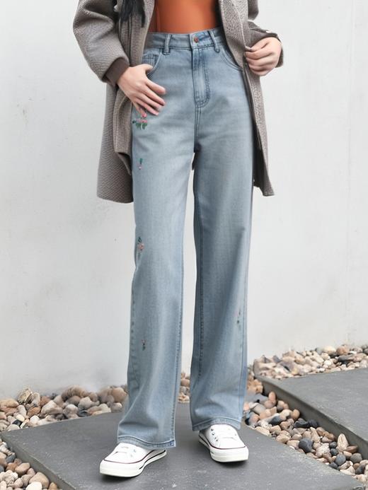 重工刺绣～【春上新】W301侧边刺绣花朵窄版直筒牛仔阔腿裤-喜出 商品图0