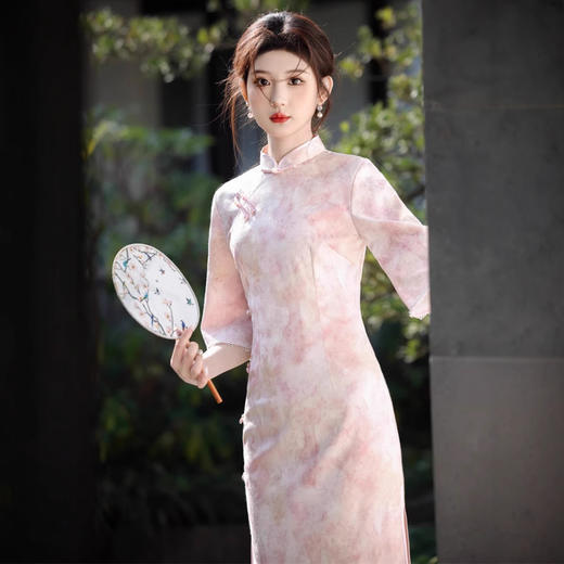 鎏金银珠缎倒大袖粉色文艺淑旗袍SJT768 商品图1