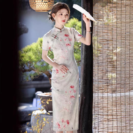 仿醋酸提花缎，侧八扣中长款旗袍SJT799 商品图0