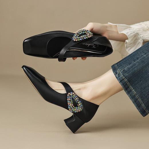 【预售5天】超软精致法式水钻一字带玛丽珍鞋女春秋方头擦色牛皮后跟两穿单鞋YS&7163 商品图2