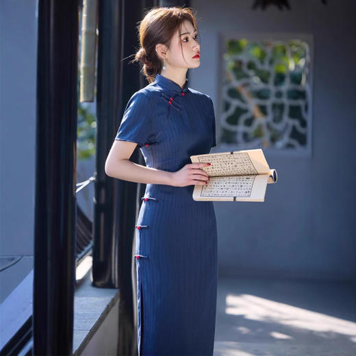 竹节麻侧八扣，中长款小个子旗袍SJT827 商品图4