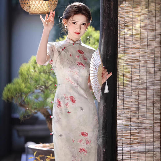 仿醋酸提花缎，侧八扣中长款旗袍SJT799 商品图3