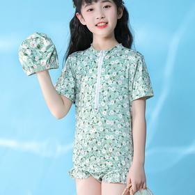 【赠送泳帽！可爱碎花比基尼，花边设计超可爱！】女童连体泳衣 婴儿宝宝沙滩夏装 中小童可爱碎花比基尼花边泳装-QQ