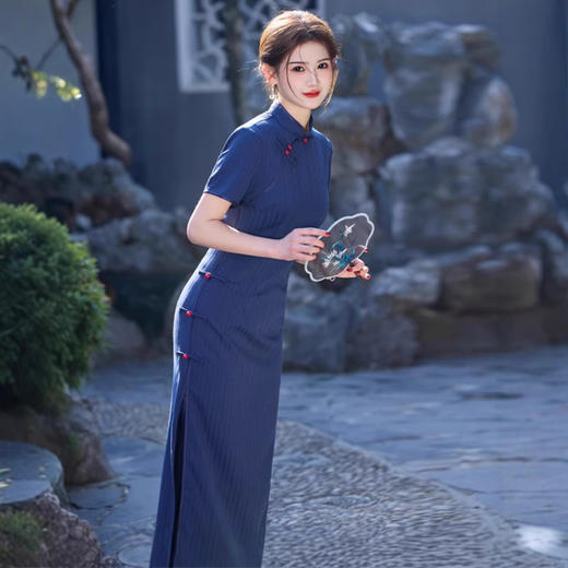 竹节麻侧八扣，中长款小个子旗袍SJT827 商品图2