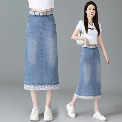 YM 5013复古蕾丝拼接牛仔半身裙开叉包臀直筒裙 商品图3
