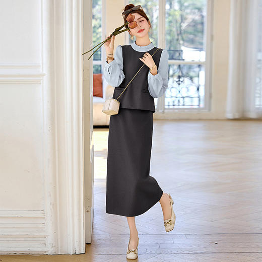 韩系时尚假两件衬衫半身裙套装女春新款通勤气质收腰显瘦两件套MEIQIN5525 商品图3