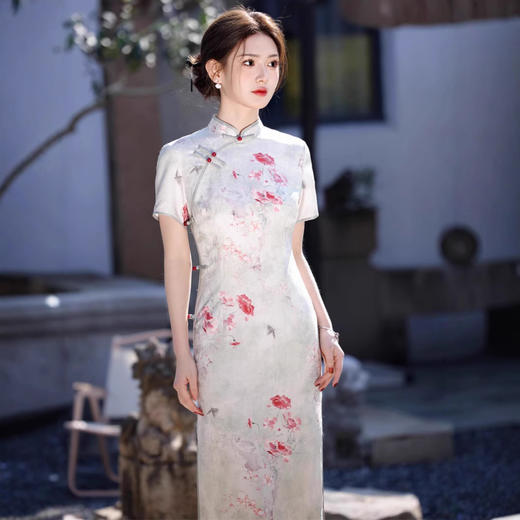 仿醋酸提花缎，侧八扣中长款旗袍SJT799 商品图2