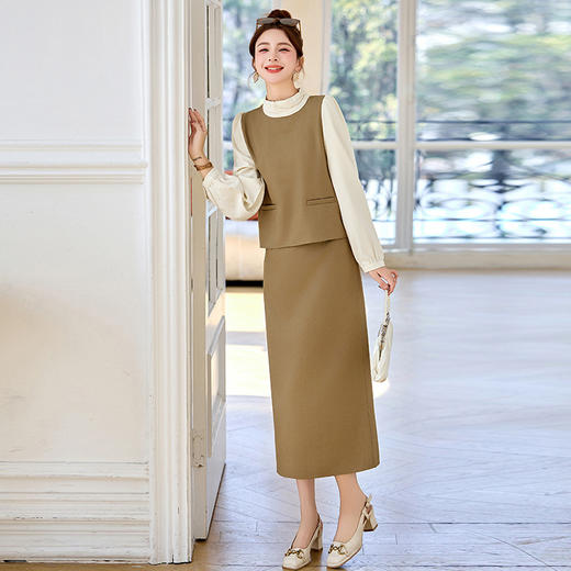 韩系时尚假两件衬衫半身裙套装女春新款通勤气质收腰显瘦两件套MEIQIN5525 商品图1