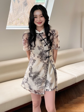 奢姿大码女装年夏季新款减龄水墨印花三件套胖妹妹时尚套装8942990005