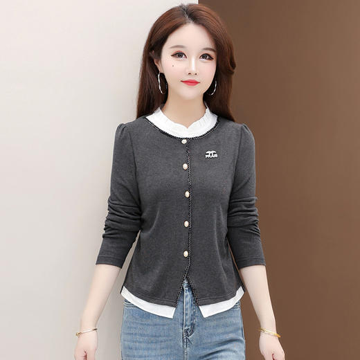 QYMYJ-25DA19B-L时尚小香风拼接长袖T恤衫女2025年春夏新款洋气减龄显瘦打底上衣 商品图0