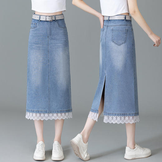 YM 5013复古蕾丝拼接牛仔半身裙开叉包臀直筒裙 商品图2