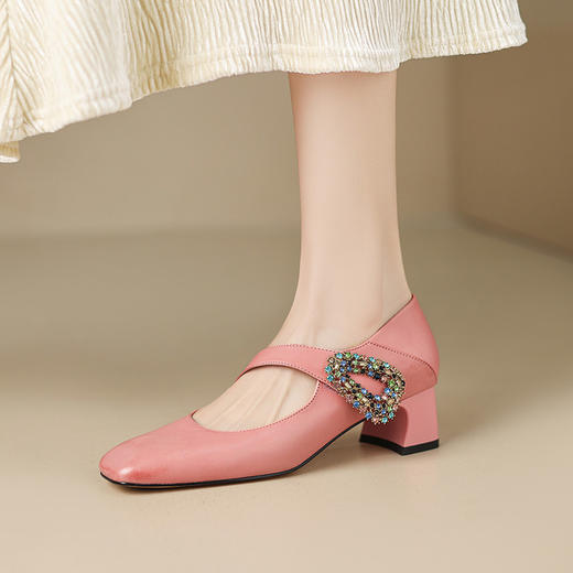 【预售5天】超软精致法式水钻一字带玛丽珍鞋女春秋方头擦色牛皮后跟两穿单鞋YS&7163 商品图4