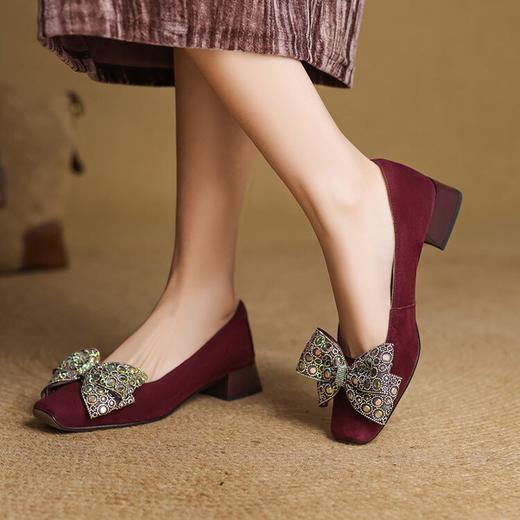 【预售5天】法式复古羊翻绒蝴蝶结方头单鞋春秋季新款中跟女鞋QCNX&75-2 商品图3