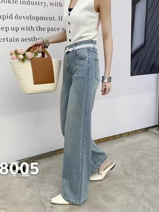 7.24秒杀~蕾丝超爆款～【春上新】8005蕾丝花边浅蓝窄版显瘦拖地直筒裤高腰女牛仔裤-喜出 商品图4