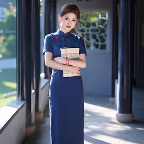 竹节麻侧八扣中长款小个子旗袍SJT827