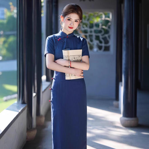 竹节麻侧八扣，中长款小个子旗袍SJT827 商品图3