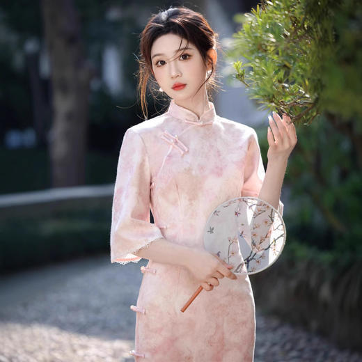 鎏金银珠缎倒大袖粉色文艺淑旗袍SJT768 商品图3