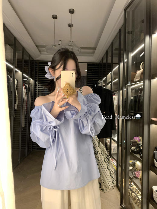 Read Nameless /蓝色系带衬衫可露肩+氧气裤奶白色 2025/3/17 商品图9