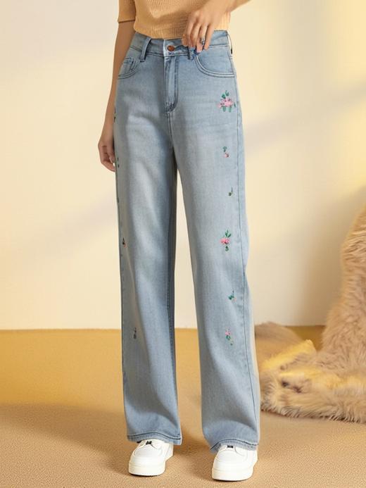 重工刺绣～【春上新】W301侧边刺绣花朵窄版直筒牛仔阔腿裤-喜出 商品图1
