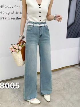 7.24秒杀~蕾丝超爆款～【春上新】8005蕾丝花边浅蓝窄版显瘦拖地直筒裤高腰女牛仔裤-喜出