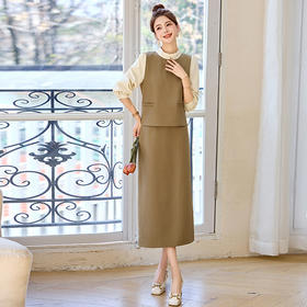 韩系时尚假两件衬衫半身裙套装女春新款通勤气质收腰显瘦两件套MEIQIN5525