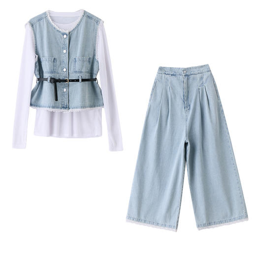 2025超火牛仔套装春秋休闲时尚洋气马甲打底衫阔腿裤显瘦三件套HR-MYL2510 商品图4