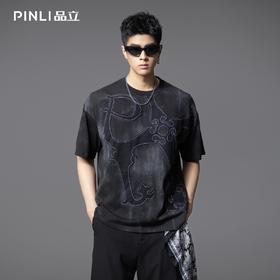 PINLI品立2025夏季新款男士圆领贴布绣短袖T恤上衣体恤B252111032