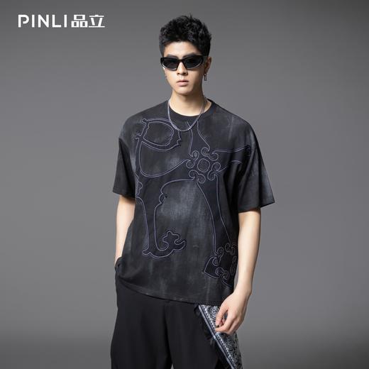 PINLI品立2025夏季新款男士圆领贴布绣短袖T恤上衣体恤B252111032 商品图3