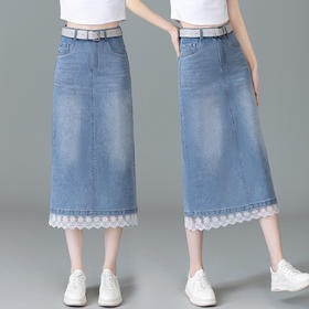 YM 5013复古蕾丝拼接牛仔半身裙开叉包臀直筒裙