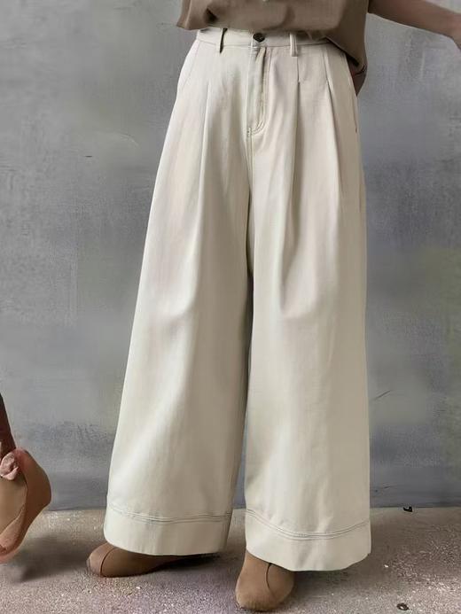 【春上新】5078米色宽边慵懒风宽松大裤腿阔腿裤-喜出 商品图1
