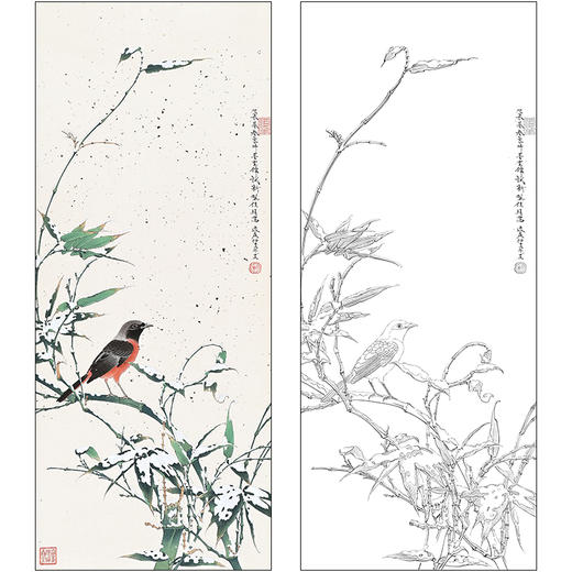 任重花鸟工笔画白描底稿《雪景小鸟》临摹勾线高清打印稿RD62 商品图0