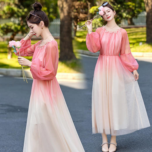 2025年春夏新款法式气质显瘦海边度假收腰长袖仙女裙HR-CZJ8775 商品图1