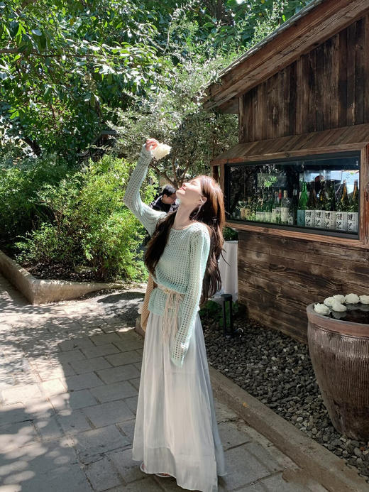 【GZ】无忧购气质温柔流光感半身长纱裙+慵懒风镂空防晒针织衫套装(配腰带)5576-5#（截单后7天发货) 商品图6