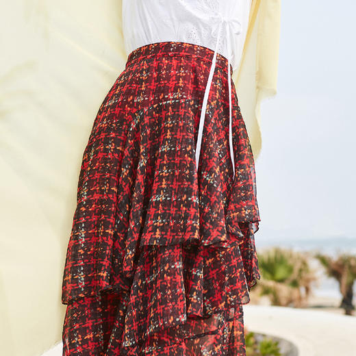 欧芮儿格子半身裙女中长款夏装2019新女装红色叠叠裙女裙中长款 商品图2