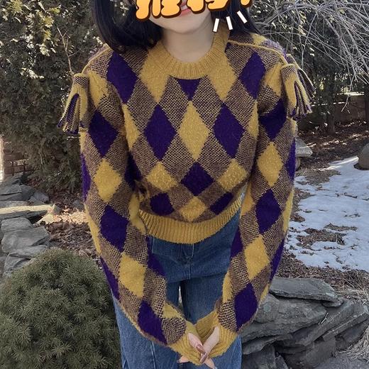 BUR*E**Y/巴*莉 Argyle 女绵羊毛菱形格流苏徽标圆领长袖套头毛衣 商品图1
