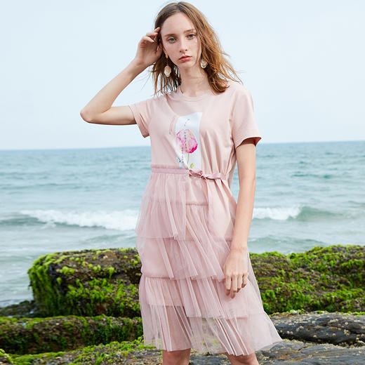 】欧芮儿夏装2019新款女装网纱拼接连衣裙中长款气质印花蛋糕裙子 商品图0