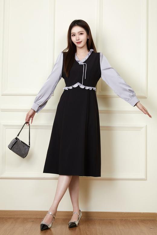 Le Malene 木耳边V领撞色盘扣连衣裙 19773 商品图1