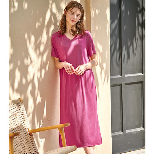 欧芮儿V领短袖T恤连衣裙女2021新款夏季中长款系带收腰开叉A字裙 商品图2