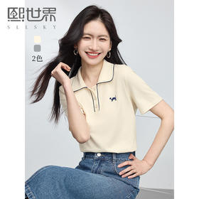 【专属特价】熙世界休闲通勤Polo衫女短袖2025夏新款小猫刺绣气质翻领T恤上衣