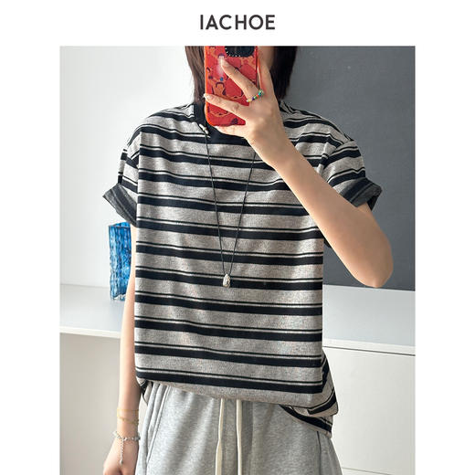 棉仓3621501005-IACHOE翻袖条纹短袖 商品图4