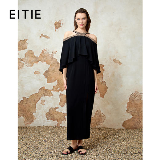 EITIE爱特爱2025夏季新款优雅法式精致露肩黑色礼服连衣裙8277901 商品图0